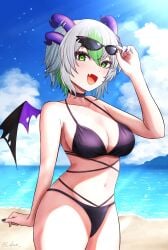 1girls adjusting_eyewear adjusting_glasses adjusting_sunglasses artist_name artist_signature bare_shoulders beach big_breasts bikini bikini_bottom bikini_top blush breasts choker cleavage collarbone contrapposto cowboy_shot eyelashes eyeshadow female female_only flat_stomach flesh_fang froot green_eyes green_hair grey_hair happy hips holding_sunglasses horn_piercing horns indie_virtual_youtuber large_breasts looking_at_viewer midriff multicolored_hair nail_polish navel open_mouth outdoors painted_nails pale-skinned_female pale_skin purple_eyeshadow purple_nails sea seaside short_hair shoulders sky slim_waist smile solo stomach sunglasses sunglasses_on_head thick_thighs thighs tongue virtual_youtuber vtuber waist wide_hips wings