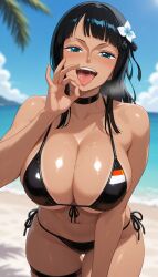 ai_generated beach bikini black_bikini black_choker black_hair blue_eyes blue_sky blunt_bangs blurry blush breasts choker cleavage cloud collarbone dark-skinned_female dark_skin day fellatio_gesture female female_only flower hair_flower hair_ornament hd large_breasts leaning_forward long_hair looking_at_viewer meitabuu naughty_face navel nico_robin ocean one_piece open_mouth oral_invitation outdoors palm_tree saliva shiny_skin side-tie_bikini_bottom sky smile solo swimsuit tan tanlines thigh_gap thigh_strap tongue tongue_out