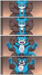 ai_generated blue_body blue_skin digimon dinosaur minotaur raped_by_monster stomach_bulge veemon