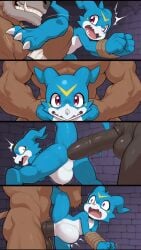 ai_generated blue_body blue_skin digimon dinosaur minotaur penetration raped_by_monster stomach_bulge veemon
