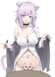 aged_up ahoge animal_collar animal_ear_fluff animal_ears blunt_bangs breasts button_gap cat_ears cat_girl cat_tail cleavage collar collarbone commentary cowboy_shot do_you_want_to_pet_my_cat_(meme) female heart heart-shaped_pupils highres hololive jacket large_breasts medium_hair meme mitsuru_(uramitsuru1206) mixed-language_commentary naked_shirt nekomata_okayu nekomata_okayu_(oversized_shirt) no_panties official_alternate_costume purple_eyes purple_hair purple_jacket purple_tail pussy revision shirt sidelocks solo symbol-shaped_pupils tail tongue tongue_out untranslatable_commentary virtual_youtuber white_shirt