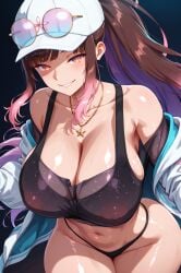 1girls ai_generated bare_midriff big_breasts black_hair black_thong breasts cap cleavage female female_focus female_only fully_clothed glasses glasses_on_head hana_yomeguri highres indie_virtual_youtuber light-skinned_female light_skin long_hair looking_at_viewer midriff multicolored_hair open_clothes open_jacket open_mouth orange_eyes ponytail simple_background slash-ex smiling_at_viewer thong two-tone_hair virtual_youtuber