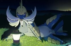 2_toes 3_toes animal_genitalia animal_penis balls blue_body blue_fur cellphone city city_background electronics feet feral fizzpop fully_sheathed fur generation_5_pokemon genitals grass hi_res lamp lantern looking_at_viewer lying male night nintendo nude on_grass on_ground on_side outside penis phone plant pokemon pokemon_(species) presenting presenting_penis raised_leg samurott sheath signature sky solo star starry_sky tail toes whiskers
