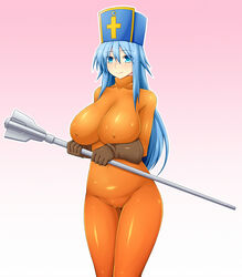 blue_eyes blue_hair bodysuit cameltoe clothing dragon_quest dragon_quest_iii erect_nipples erect_nipples_under_clothes female female_only gloves highres human large_breasts long_hair priest_(dq3) skin_tight smile solo zin