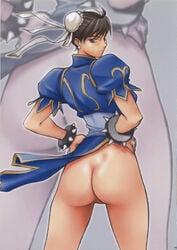 ass brown_eyes brown_hair chinese_clothes chun-li double_bun earring earrings female female_only hand_on_hip high_resolution hips human jewelry looking_back no_panties pretty_well short_hair solo street_fighter zoom_layer