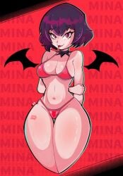 1girls 2026 bat_wings big_breasts black_hair bob_cut breasts deadlock female female_only hi_res lipstick_mark mina_(deadlock) red_eyes short_hair thick_thighs thighs tongue tongue_out vampire vampire_girl zeeorsomething