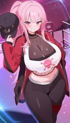 1girls bangs big_breasts black_pants blush breasts choker cleavage closed_mouth crop_top eyebrows_visible_through_hair female female_only hat hat_removed headwear_removed heart hololive hololive_english jacket jewelry large_breasts long_hair looking_at_viewer midriff mori_calliope mori_calliope_(streetwear) navel necklace open_clothes open_jacket pants pink_hair sidelocks smile solo tagme virtual_youtuber