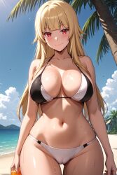 1girl ai-created ai_generated ass_visible_through_thighs bare_arms bare_shoulders beach bikini black_bikini blonde_hair blue_sky blunt_bangs blush bottle breasts cameltoe cleavage closed_mouth cloud collarbone cowboy_shot day drink female gokukoku_no_brynhildr groin halterneck hime_cut holding large_breasts long_hair looking_at_viewer lotion navel ocean outdoors palm_tree pixiv red_eyes rena_aikawa_(pixiv_user) sand sidelocks skindentation sky smile solo stable_diffusion standing stomach string_bikini sunlight sunscreen swimsuit tachibana_mina_(gokukoku_no_brynhildr) thigh_gap thighs tree two-tone_bikini water wet white_bikini wide_hips