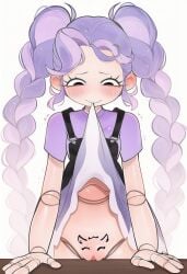 1girls braid braided_hair do_you_want_to_pet_my_cat_(meme) doll doll_joints frogonice lifted_by_self lily_lovebraids meme poppy_playtime poppy_playtime_(chapter_5) purple_hair pussy skirt_lift table