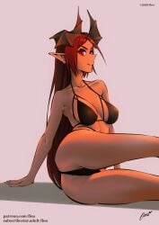 1girls bikini black_bikini demon demon_girl demon_horns female female_only flou large_breasts original original_character red_hair rinn_(flou) solo solo_female swimsuit tagme
