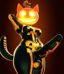 3d_(artwork) absurd_res animal_humanoid anthro balls big_balls big_penis black_glans black_penis blender_(artwork) blender_cycles_(artwork) bodysuit breasts cat_humanoid clothing digital_media_(artwork) epic_games erection felid felid_humanoid feline feline_humanoid for_a_head fortnite genitals glans glowing glowing_eyes gynomorph hand_behind_head hi_res holding_penis huge_cock humanoid intersex looking_at_viewer low-angle_view mammal mammal_humanoid object_head penis presenting presenting_penis pumpkin_head rubyystar skinsuit solo sparkles sparkling_clothing spice_(fortnite) standing tail tight_clothing