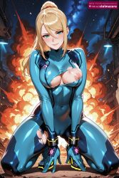 ai_assisted ai_generated bangs blonde_hair blue_bodysuit blue_eyes blush bodysuit breasts cameltoe covered_collarbone covered_navel covered_nipples explosion female female_only hair_between_eyes high_heels kneeling large_breasts lips long_hair looking_at_viewer metroid mole mole_under_mouth nintendo nipples parted_lips ponytail samus_aran shiny shiny_clothes shiny_skin skin_tight sky smile solo squatting star_\\(sky\\) starry_sky stelmazura thighs torn_bodysuit torn_clothes zero_suit