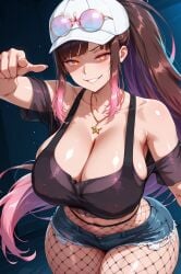 1female _butt ai_generated bare_shoulders baseball_cap bitch black_shirt black_tank_top blue_eyes brown_hair cleavage collarbone crazy crop_top cute_face evil evil_gaze evil_smirk eyewear_on_head eyewear_on_headwear female fishnets_tights gesugao gradient_hair hair_behind_ear hana_yomeguri high_ponytail huge huge_hips ia_generated jean_shorts jewelry large_breasts long_hair mini_shorts mocking multicolored_eyes multicolored_hair necklace off-shoulder_shirt orange_eyes pink_hair pointing_at_the_viewer ponytail purple_hair red_eyes round_eyewear see-through see-through_shirt shorts sidelocks simple_background small_waist smiling star_(symbol) star_necklace sunglasses tinted_eyewear twitch very_long_hair virtual_youtuber vtuber white_headwear youtube youtube_hispanic