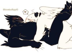after_sex anthro anthro_on_anthro avian avian_feet black_body black_feathers black_wings blush bodily_fluids cum cum_on_leg duo eye_contact feathers gay gay_male genital_fluids half-closed_eyes headpat heart_reaction hug hugging_another legs_up looking_at_another lovebuffpg45 lying male male/male muscular muscular_anthro muscular_male narrowed_eyes on_another on_back red_eyes side_view simple_background white_background white_body white_feathers white_wings wings yaoi