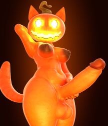 3d_(artwork) absurd_res animal_humanoid anthro balls big_balls big_penis blender_(artwork) blender_cycles_(artwork) breasts brown_glans brown_nipples cat_humanoid digital_media_(artwork) epic_games erection felid felid_humanoid feline feline_humanoid for_a_head fortnite futanari genitals glans glowing glowing_eyes gynomorph hand_behind_head hi_res holding_penis huge_cock humanoid intersex living_pumpkin looking_at_viewer low-angle_view mammal mammal_humanoid nipples object_head orange_balls orange_body orange_breasts orange_penis penis presenting presenting_penis pumpkin_head rubyystar solo spice_(fortnite) standing tail