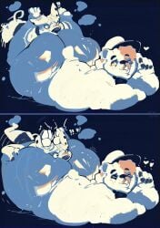 absurd_res anthro ass bear belly big_belly big_butt bodily_fluids butt_grab canid canine canis clothed clothing digital_media_(artwork) domestic_dog duo exclamation_point face_in_ass female fur hair hand_on_butt hat headgear headwear heart_symbol hi_res huge_butt male male/female mammal nude obese obese_male overweight overweight_anthro overweight_male question_mark simple_background smile solo tail teasing text thick_thighs tongue topwear white_body white_fur wide_hips yo_zee