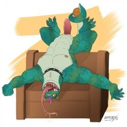 1:1 2026 abs animal_genitalia anthro ball basketball_(ball) biped claws collar collar_only countershade_torso countershading digital_media_(artwork) erection eyebrow_piercing facial_piercing finger_claws furniture genital_slit genitals goat_(movie) green_body hi_res komodo_dragon ligoni lizard long_tongue male modo_olachenko monitor_lizard muscular muscular_anthro muscular_male neck_piercing nipple_piercing nipple_ring nipples non-mammal_nipples nose_piercing nose_ring nude nude_male pecs penis piercing reptile ridged_penis ring_piercing scalie sharp_teeth sofa solo spread_arms stretching studded_collar studs teeth toe_claws tongue tongue_out yellow_eyes