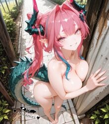 absurdres ai_generated aqua_hair arknights arknights:_endfield bangs barefoot blue_hair blush breast_press breasts cleavage collarbone completely_nude day dragon_girl dragon_horns dragon_tail eyelashes feet female fingernails from_above full_body gradient_eyes green_horns grin hair_bun hair_intakes hair_ornament highres horns indoors large_breasts legs long_hair looking_at_viewer monster_girl multicolored_eyes multicolored_hair multicolored_horns niraniri nude outdoors pink_eyes pink_hair pink_horns pointy_ears short_eyebrows sidelocks smile solo solo_female standing streaked_hair sweat tail teeth thick_eyebrows thighs toenails toes twintails two-tone_hair yvonne_(arknights:_endfield)