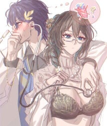 bead_necklace blue_eyes blush bra braided_hair dr._ratio_(honkai:_star_rail) flower_in_hair glasses gnarlypzofbread heart honkai:_star_rail honkai_(series) hoyoverse lingerie_bra looking_away looking_down purple_hair question_mark ruan_mei_(honkai:_star_rail) shirt_lift stethoscope stethoscope_to_breast two_tone_hair