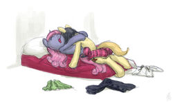 bed closed_eyes clothing cutie_mark duo equine female friendship_is_magic hidden_face horn male masked my_little_pony nude open_mouth pillow pink_hair sex sheets smooth_skin socks tail unicorn velvet