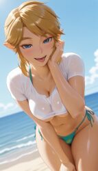 ai_generated beach bikini blonde_hair blue_eyes blue_sky blush breasts cleavage day female genderswap_(mtf) hd large_breasts leaning_forward link link_(breath_of_the_wild) looking_at_viewer meitabuu navel ocean open_mouth outdoors pointy_ears rule_63 see-through shirt short_hair short_sleeves side-tie_bikini_bottom sky smile solo swimsuit the_legend_of_zelda tongue tongue_out wet wet_clothes wet_shirt white_shirt