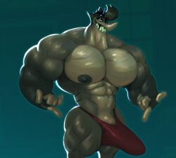 abs anthro biceps bulge_through_clothing chaz_(helluva_boss) helluva_boss hyper_muscles large_bulge male_only muscular parttimeyeen_(artist) pecs pointing_at_penis red_speedo shark showing_off smiling_at_viewer