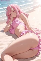 1girl ai_generated ass bangs bare_shoulders beach bikini blush breasts closed_mouth eyebrows_visible_through_hair frilled_bikini frills half-closed_eyes hi_res high_quality high_resolution horns kiraamane long_hair looking_at_viewer lying medium_breasts on_side patreon pink_bikini pink_eyes pink_hair seductive sexy shuna_(tensei_shitara_slime_datta_ken) smile solo swimsuit tensei_shitara_slime_datta_ken uncensored watermark