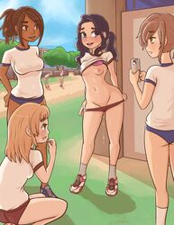 4girls ankle_socks anklehighs areola black_hair blonde_hair bloomers blue_bloomers blue_eyes blush bra_lift breast_out breasts brown_eyes brown_hair brown_skin buruma buruma_pull caffeccino cellphone cellphone_camera dark_skin drooling exhibitionism eyeshadow fappuccino folded_ponytail green_eyes gym_uniform highres lipstick long_hair makeup multiple_girls navel nipples one_breast_out open_mouth orange_hair original phone public_nudity pussy_juice pussy_juice_trail red_bloomers shirt_lift shoes sideways_mouth small_breasts smile sneakers socks solo_focus squatting teenage wet white_socks yellow_eyes