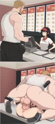 1boy 1female 1girls 1male 2people balls balls_deep beard big_penis black_hair black_shoes blush brown_eyes burger cash_register cashier ear erection_under_clothes eyes fast_food fucked_silly funtrashanon hair hair_tied_back hand_on_hip imminent_penetration imminent_rape imminent_sex imminent_vaginal interracial light-skinned_male light_skin looking_at_another mating_press missionary missionary_position missionary_sex open_mouth ordering ordering_food pale-skinned_male pale_skin panties panties_aside pointing ponytail public public_exposure public_indecency public_nudity public_sex restaurant saliva sex_on_counter shoes shoes_on testicles wide_open_mouth