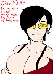 big_breasts black_body clothed cobblestone_(soyjak) glasse mocking pulling_clothing soyjak