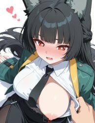 1boy 1girls :o ai_generated alternate_breast_size_(larger) animal_ear_fluff animal_ears bangs belt black_hair black_necktie black_skirt blunt_bangs blush braid breasts brown_pantyhose chinese_commentary clothes_pull collared_shirt commentary_request english_commentary eyebrows_visible_through_hair fangs female fingernails forehead fox_ears fox_girl from_above green_jacket green_sleeves hair_ribbon heart heart-shaped_pupils hoshimi_miyabi jacket japanese_commentary kuroyaex large_breasts long_hair long_sleeves mixed-language_commentary necktie nipples no_bra nose_blush one_breast_out open_clothes open_jacket open_mouth pantyhose parted_bangs red_eyes ribbon shadow shirt shirt_pull shy simple_background sitting skin_fangs skirt sleeves_past_wrists solo_focus spoken_heart symbol-shaped_pupils tress_ribbon wavy_mouth white_background white_shirt zenless_zone_zero