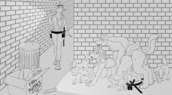 all_fours alley ambiguous_penetration anthro balls big_breasts bodily_fluids bottomwear bottomwear_down box breast_growth breastfeeding_during_sex breasts brick_wall canid canine cardboard cardboard_box claw_growth claws clothed clothing collared_shirt container cum cum_inside doggy_style english_text female female_penetrated feral from_behind_position genital_fluids genitals group growth gun huge_breasts human human_to_anthro light light_beam light_source male male/female mammal mid_transformation multi_breast multi_breast_growth nipples_visible_through_clothing panties pants pants_down partially_clothed penetration police police_badge police_baton police_hat police_officer police_uniform ranged_weapon sex shirt snout snout_growth soty species_transformation sweat tactical_belt tail tail_growth text toe_claws tongue tongue_out topwear torn_clothing transformation transformation_through_sex trash trio unbuttoned_shirt underwear uniform vaginal_fluids wall_(structure) weapon