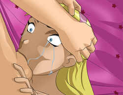 blonde_hair blue_eyes breasts crying dc deepthroat fellatio female hand_on_head head_grab human kitten_(teen_titans) male nipples straight tbone111 teen_titans unseen_male_face