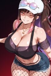 1female _butt ai_generated bare_shoulders baseball_cap bitch black_shirt black_tank_top blue_eyes brown_hair cleavage collarbone crazy crop_top cute_face evil evil_gaze evil_smirk eyewear_on_head eyewear_on_headwear female fishnets_tights gesugao gradient_hair hair_behind_ear hana_yomeguri high_ponytail huge huge_hips ia_generated jean_shorts jewelry large_breasts long_hair mini_shorts mocking multicolored_eyes multicolored_hair necklace off-shoulder_shirt orange_eyes pink_hair pointing_at_the_viewer ponytail purple_hair red_eyes round_eyewear see-through see-through_shirt shorts sidelocks simple_background small_waist smiling star_(symbol) star_necklace sunglasses tinted_eyewear very_long_hair white_headwear