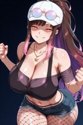 1female _butt ai_generated bare_shoulders baseball_cap bitch black_shirt black_tank_top blue_eyes brown_hair cleavage collarbone crazy crop_top cute_face evil evil_gaze evil_smirk eyewear_on_head eyewear_on_headwear female fishnets_tights gesugao gradient_hair hair_behind_ear hana_yomeguri high_ponytail huge huge_hips ia_generated jean_shorts jewelry large_breasts long_hair mini_shorts mocking multicolored_eyes multicolored_hair necklace off-shoulder_shirt orange_eyes pink_hair pointing_at_the_viewer ponytail purple_hair red_eyes round_eyewear see-through see-through_shirt shorts sidelocks simple_background small_waist smiling star_(symbol) star_necklace sunglasses tinted_eyewear very_long_hair white_headwear