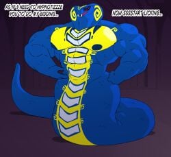 1boy anthro bara biceps black_eyes blue_body command commanding_viewer daddy licking male male_only muscular muscular_anthro muscular_male ninjago nipples no_visible_genitalia nude_male parttimeyeen_(artist) pecs red_eyes red_sclera requesting_sex scalie sharp_teeth skales_(ninjago) snake solo text yellow_belly