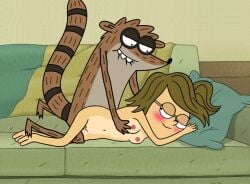 accurate_art_style beaver biting_lip blushing boyfriend-girlfriend breasts brown_hair canon_couple cartoon_network couch edit edited eileen_roberts glasses laying laying_down laying_on_couch laying_on_sofa lovers male male/female mole_(artist) naked naked_male nude nude_female regular_show rigby_(regular_show) sex sofa straight straight_sex tagme vaginal vaginal_penetration vaginal_sex