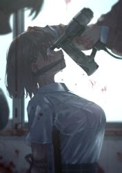 3girls absurdres blood blue_eyes bound braid cleave_gag cloth_gag commentary_request crying crying_with_eyes_open gag gagged gun_to_head half_up_braid highres huyunokure imminent_death improvised_gag multiple_girls nail_gun original peril power_tool shirt short_hair short_sleeves sitting tears threat white_shirt