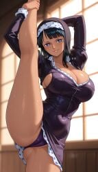 ai_generated arms_up black_hair blue_eyes blurry_background breasts cameltoe cleavage covered_navel dress female female_only hd heart heart-shaped_pupils indoors kneepits large_breasts leg_lift leg_up long_hair long_sleeves looking_at_viewer meitabuu nico_robin one_piece panties parted_lips polka_dot smile solo split standing standing_on_one_leg standing_split sweat symbol-shaped_pupils thighs underwear window zipper