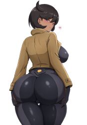 1girls alternate_background alternate_version_available ass ass_focus ass_support big_ass big_breasts black_bodysuit black_hair blush bodysuit breasts brown_jacket bubble_ass bubble_butt clothing dat_ass emma_(pokemon) emma_(pokemon_legends:_z-a) female female_only game_freak hair hands_on_ass huge_ass jacket looking_back matiere_(pokemon) matiere_(pokemon_legends:_z-a) nintendo pokemon pokemon_legends:_z-a purple_eyes short_hair simple_background sleeptopi smile solo solo_female speech_bubble spoken_heart thick_thighs thighs tight_clothing white_background