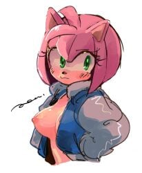 1girls amy_rose areolae bangs blush breasts breasts_out cowboy_shot cute eulipotyphlan female furry furry_female green_eyes hoodie jacket m_ajcoco one_breast_out pink_fur sega solo sonic_(series) sonic_the_hedgehog_(series)