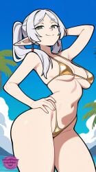 ai_generated ass beach big_ass bikini bikini_thong breasts earrings elf elf_ears elf_female elven female_character female_elf frieren frieren_beyond_journey's_end gold_bikini gold_bikini_bottom gold_bikini_top green_eyes hand_behind_head hand_on_hip hips jorgecarlosai looking_at_viewer mature mature_female mature_woman micro_bikini navel palm_tree pointy_ears posing sexy sexy_body sexy_pose side_view smile sousou_no_frieren thighs thong_bikini toned toned_body toned_female twintails twintails_(hairstyle) water watermark white_hair