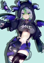 1girls belly_button big_breasts black_nails blush breasts chains collar cowboy_shot crop_top eyelashes eyeshadow female fishnet_clothing fishnet_topwear fishnets flat_stomach froot goth goth_girl green_eyes green_hair hips hood hood_up hoodie horn_piercing horns horns_through_hood indie_virtual_youtuber large_breasts layered_sleeves long_sleeves looking_at_viewer midriff multicolored_hair nail_polish navel open_fly painted_nails pale-skinned_female pale_skin pants purple_eyeshadow ripped_clothing ripped_pants ripped_thighhighs short_hair shorts single_thighhigh slim_waist smile solo spiked_collar stockings stomach straps thick_thighs thigh_gap thigh_squish thighhighs thighs thong thong_straps tomboy torn_clothes torn_pants underboob virtual_youtuber vtuber wide_hips wings
