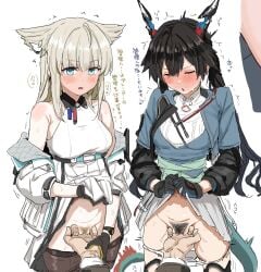 2girls animal_ears arknights arknights:_endfield armpit_crease bare_shoulders bird_ears bird_girl black_gloves black_pantyhose blue_eyes blush breasts chen_qianyu_(arknights:_endfield) clearite closed_eyes clothes_pull dragon_girl dragon_horns dragon_tail dress endministrator_(arknights:_endfield) fingering gloves grey_hair guiding_hand horns jacket lifting_own_clothes long_hair looking_at_viewer multiple_girls off_shoulder open_clothes pantyhose pantyhose_pull perlica_(arknights:_endfield) pubic_hair pussy_juice simple_background tail translation_request white_background white_dress white_jacket
