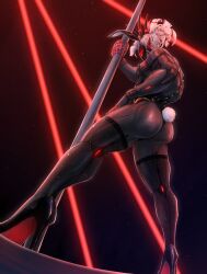 ass_focus buff bunnysuit circuit_the_robot heels looking_down_at_viewer louboutin_(shoes) pole ponytail red_eyes red_lights robot robot_male solo_male stockings streysteal thighhighs tied_up_hair wire_hair