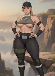 1girls ai_generated arm_band arm_warmers belly_button belt blonde_hair blurry_background boots cel_shading cliff crop_top eyelashes female grok hair_strand hands_on_hips leggings looking_at_viewer low_ponytail medium_breasts midriff military_cap military_uniform mortal_kombat mortal_kombat_4 neutral_expression outdoor_background pants ponytail revealing_clothes rgomez007 self_upload sleeveless solo_female sonya_blade standing thick_outline thick_thighs thigh_belt tight_clothing underboob utility_belt wide_hips wrist_warmers