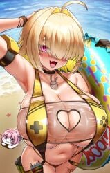 1girls arm_strap armwear beach big_breasts blonde_hair blush breast_focus breasts cho!cho! choker cleavage doro_(nikke) elegg_(boom_and_shock)_(nikke) elegg_(nikke) female female_focus goddess_of_victory:_nikke hair hair_over_one_eye hand_behind_head high-angle_view hips holding_object huge_breasts innertube large_breasts neckwear official_alternate_costume pink_eyes revealing_clothes skimpy skimpy_bikini sling_bikini smile solo_focus starfish swimwear thigh_strap tube watch wet wet_body when_you_see_it yellow_sling_bikini