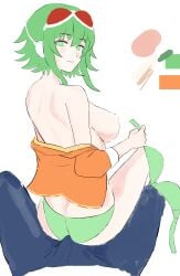 1boys 1girls ass blue_pants boner bra bra_removed breasts breasts_out bulge drawfag from_behind goggles_on_head green_bra green_eyes green_hair green_panties gumi headphones holding_bra jacket large_breasts looking_at_viewer megpoid_gumi open_jacket orange_jacket palette panties pants parted_lips sex smug straight vocaloid