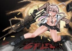absurdres cheyanne_(girls'_frontline_2) commentary english_commentary explosion fos1x girls'_frontline gun highres m200_(girls'_frontline) no_bra pink_hair sportswear unbuttoned weapon yoko_littner