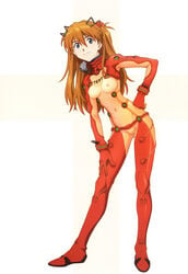 asuka_langley_sohryu belt blue_eyes boots breasts brown_hair clothing detached_sleeves erect_nipples erect_nipples_under_clothes female female_only gloves hair high_resolution human long_hair medium_breasts neon_genesis_evangelion nipples photoshop plugsuit rebuild_of_evangelion red_boots simple_background smile solo standing test_plugsuit turtleneck